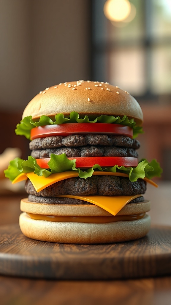 3D rendered hamburger model with bun, patty, lettuce, tomato, and cheese on a wooden table.